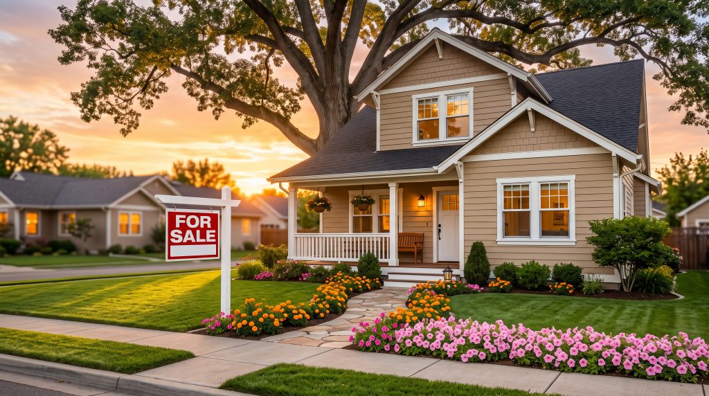 For Sale sign in the front yard of a tan craftsman-style house at sunset.